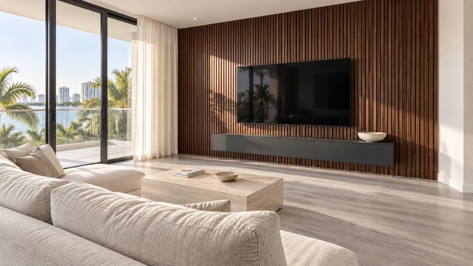 Bright living room with a wide-plank wood floor